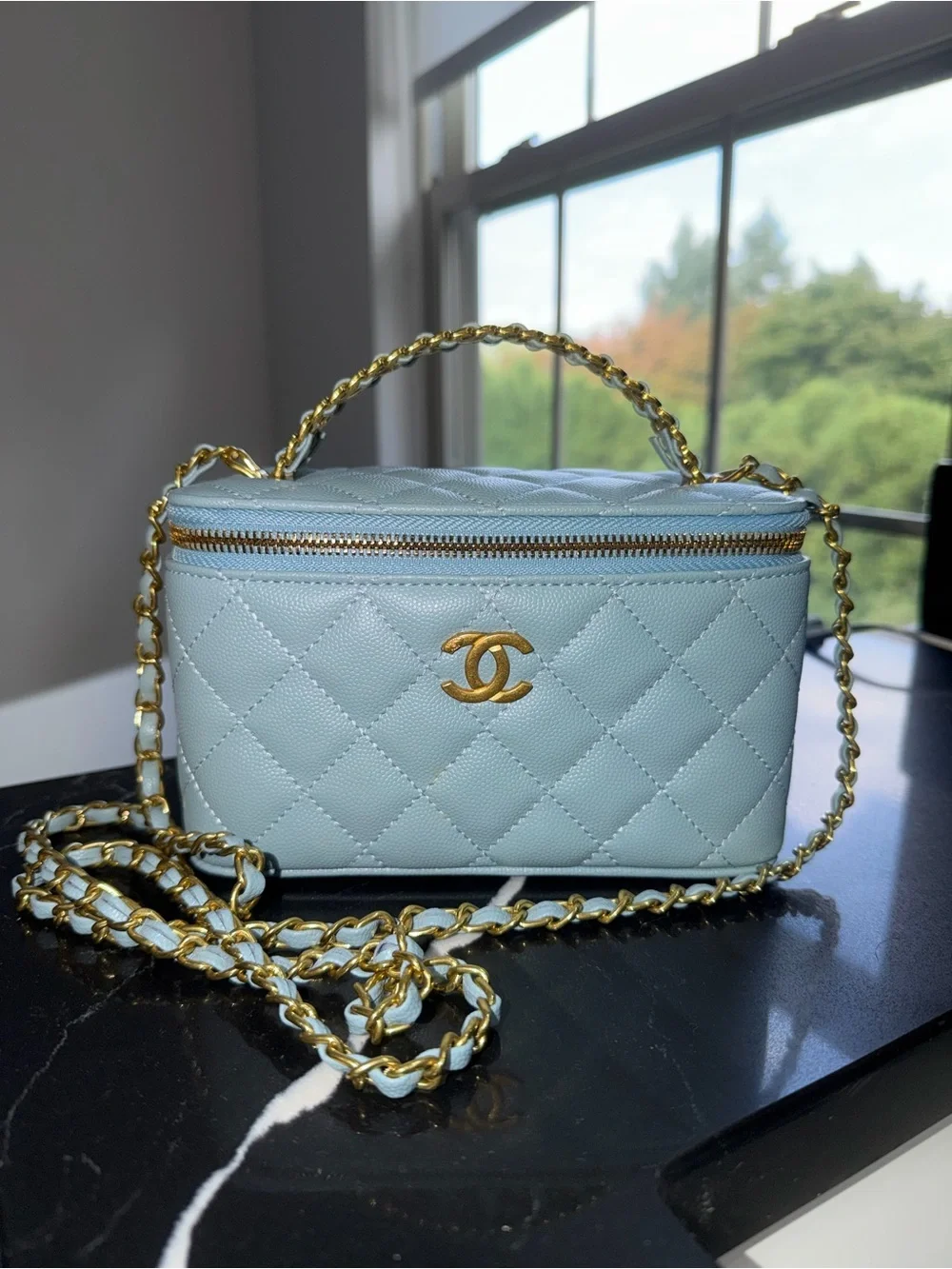 CHANEL Light Blue Quilted Vanity Crossbody with Gold Hardware